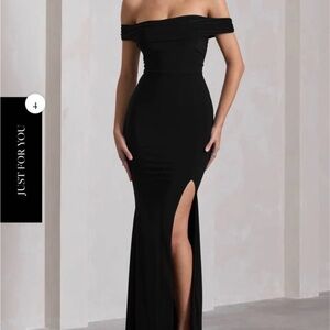 Club L London Law of Attraction Black Bardot Draped Split Maxi Dress